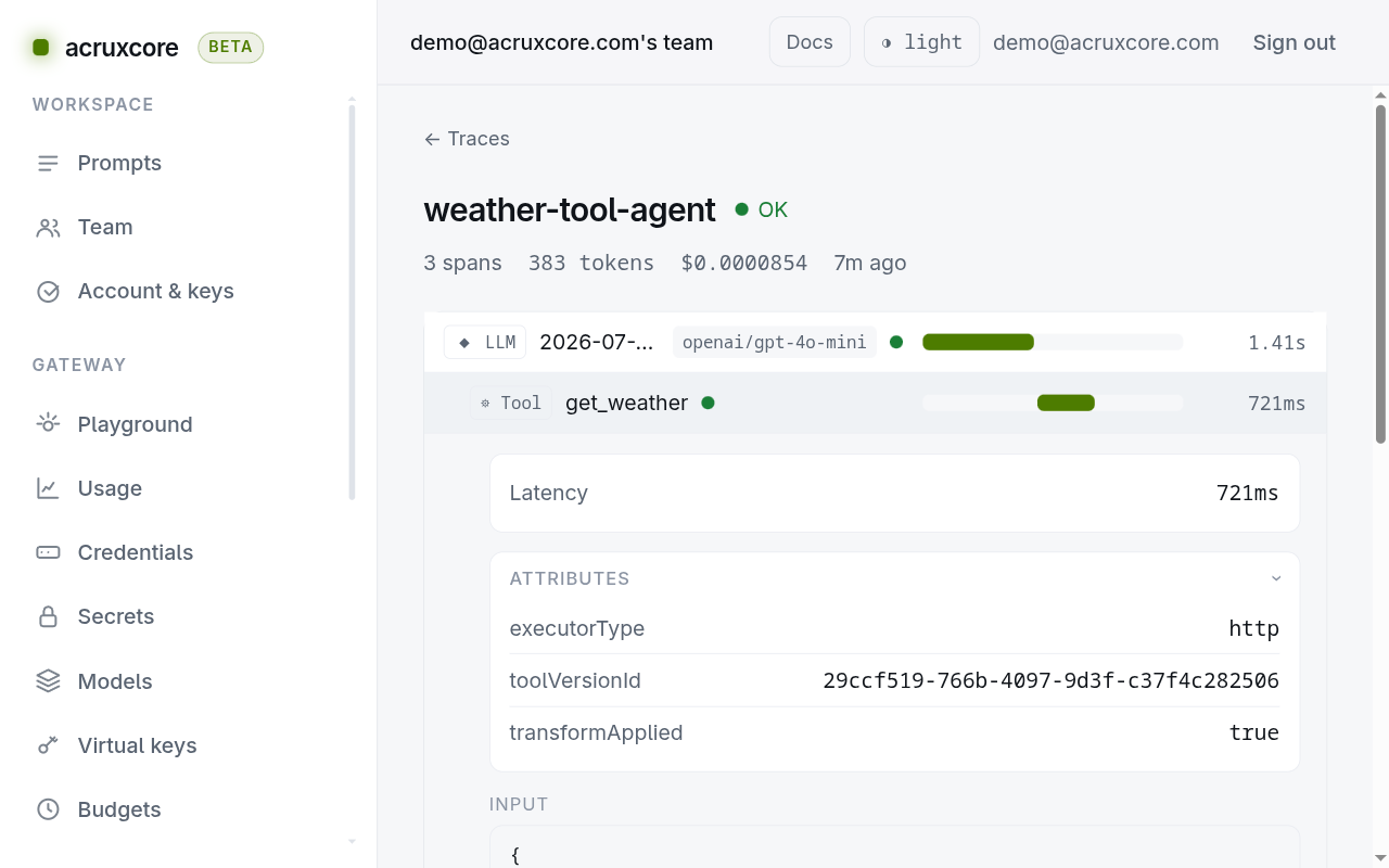 The tool span expanded, showing executorType http, the tool version id, and transformApplied