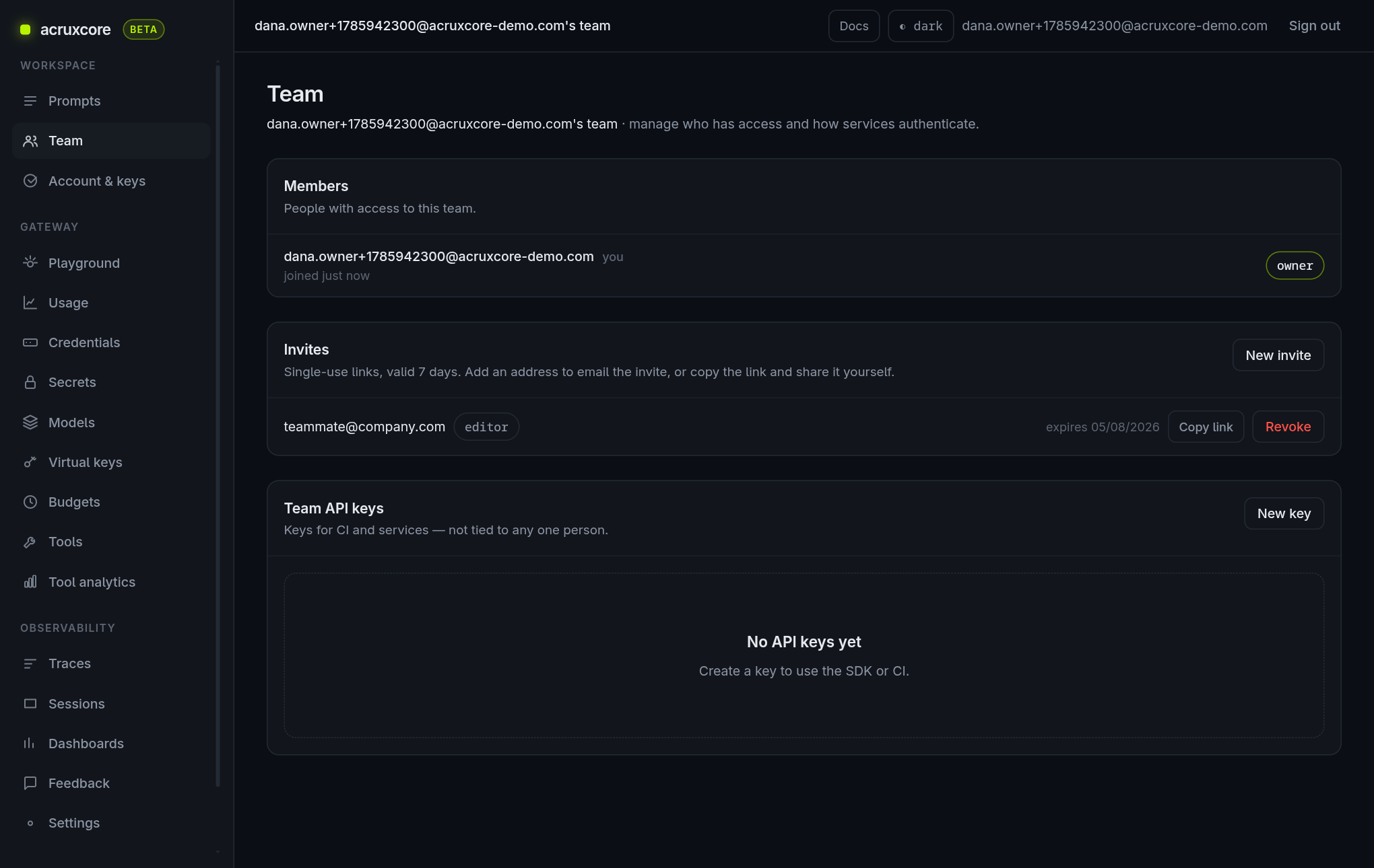 Invites panel showing the newly created invite link, valid 7 days