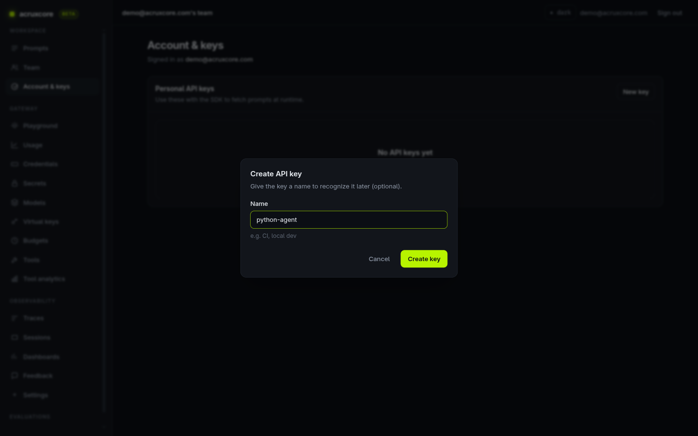Create API key dialog with the name python-agent
