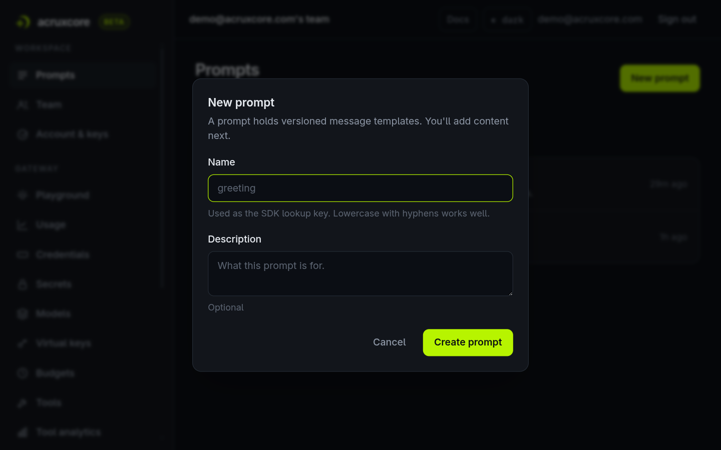 New prompt dialog with the name web-research-agent and a description about the configurable persona