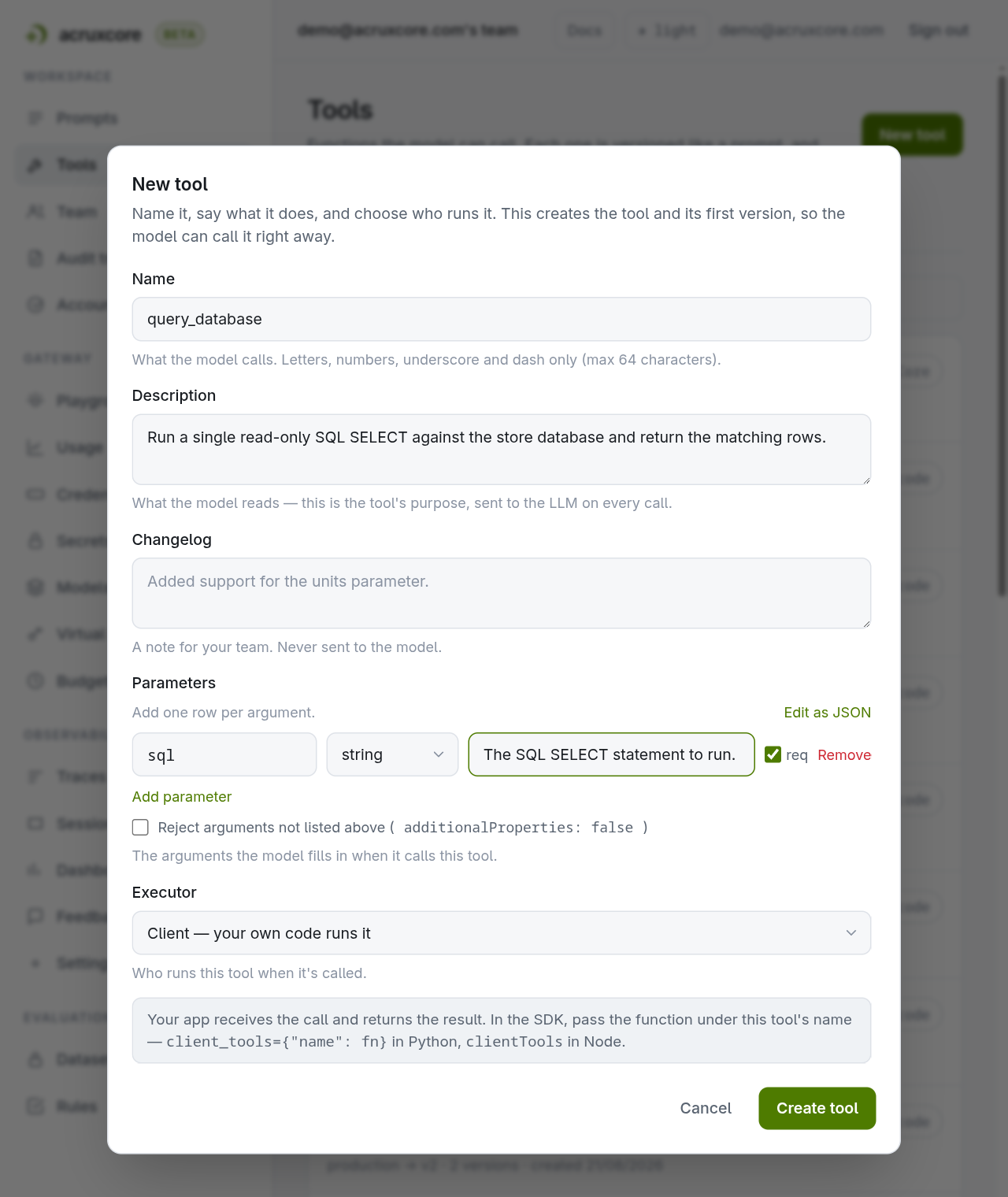 New tool dialog with the name query_database, a description about running a read-only SQL SELECT, a required sql string parameter, and the executor set to Client — your own code runs it