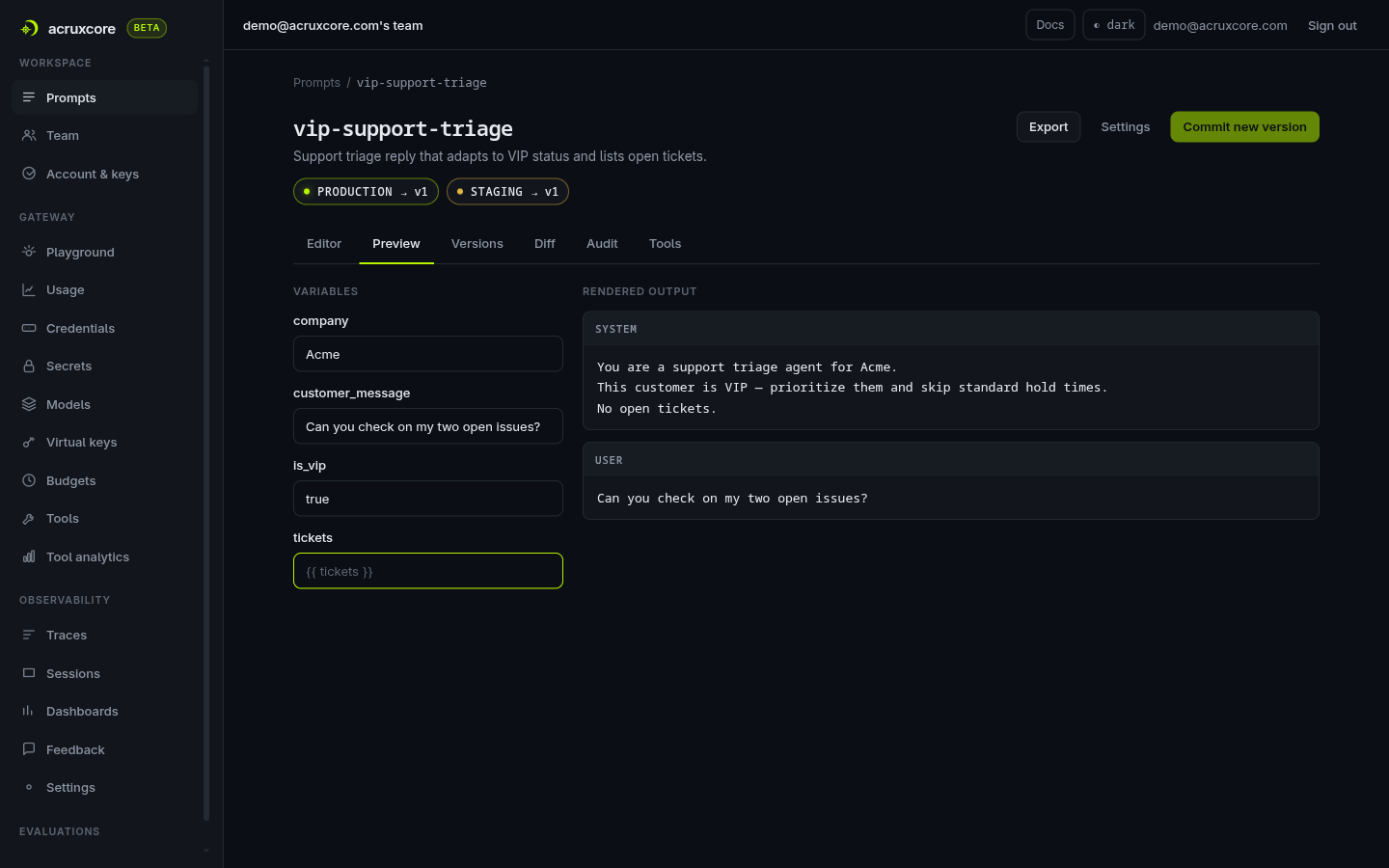 Preview tab with company, customer_message, is_vip, and tickets variable fields, and rendered output showing the VIP branch: "This customer is VIP — prioritize them and skip standard hold times. No open tickets."