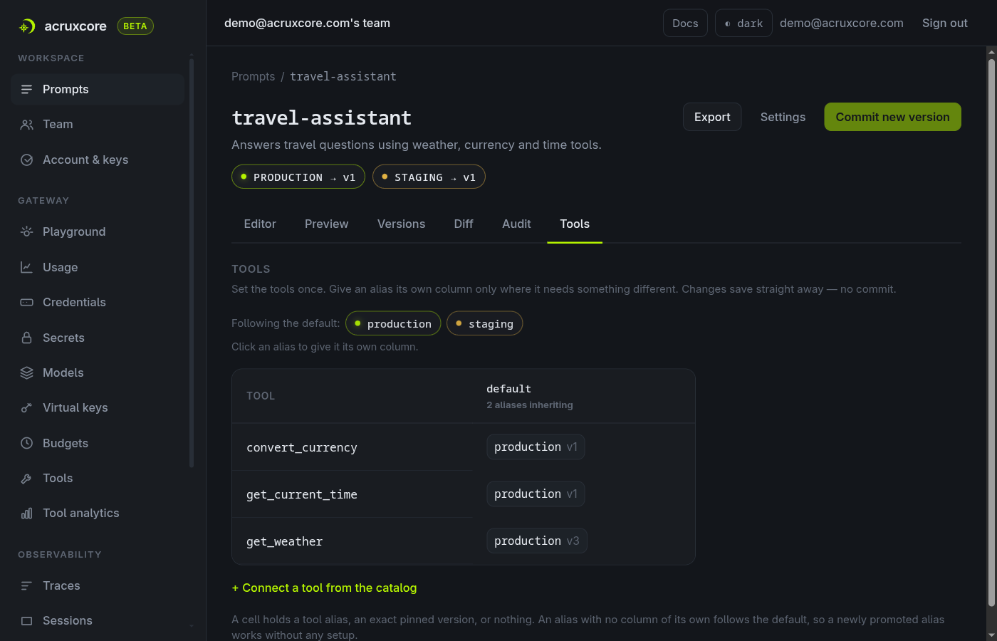 The prompt Tools tab listing get_weather, convert_currency and get_current_time