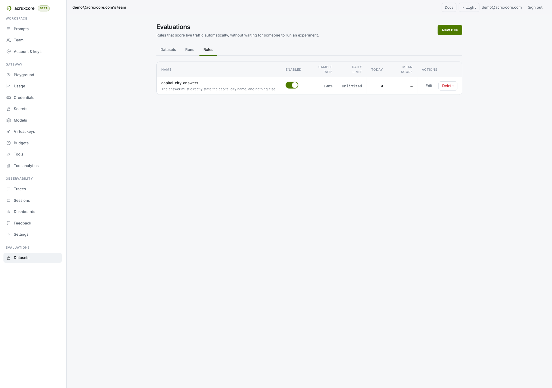 Rules table with one rule, capital-city-answers, showing 100% sample rate and 0 scored today