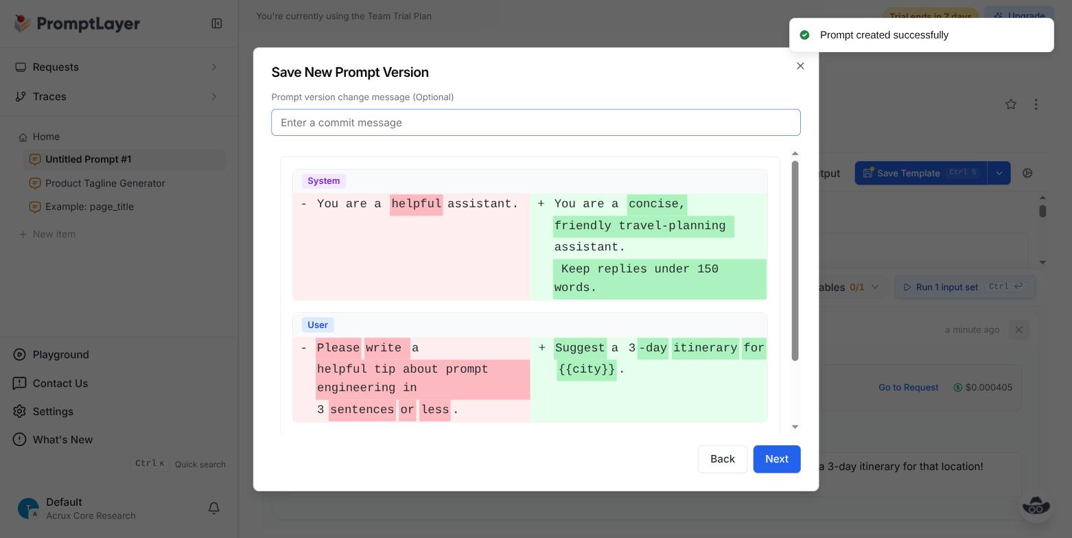 PromptLayer save-new-version dialog showing a colored diff of the message changes
