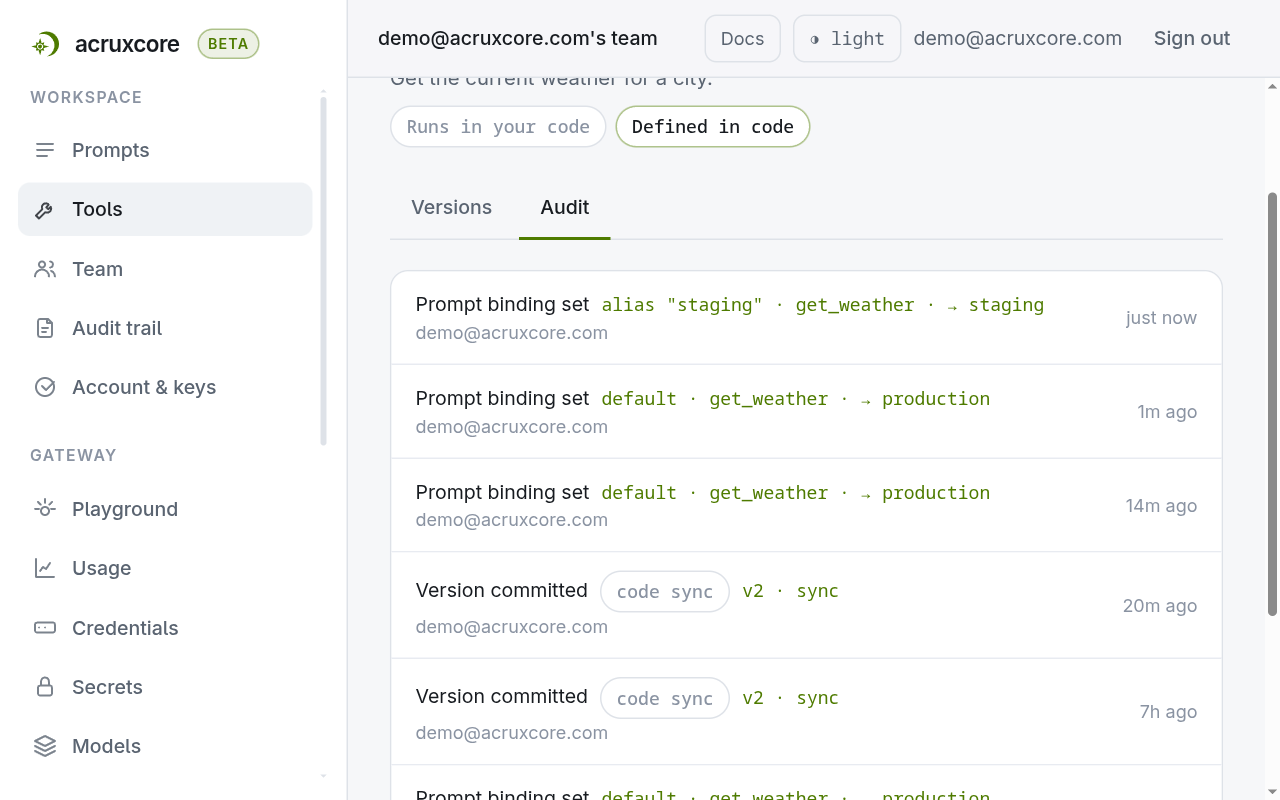 The tool's Audit tab listing prompt-binding changes and version commits, the commits tagged "code sync"