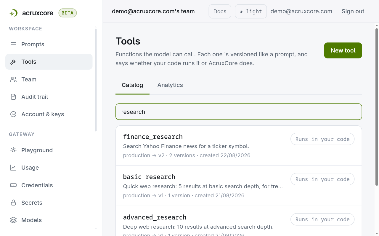 The catalog filtered to research, listing finance_research, basic_research and advanced_research, each marked Runs in your code