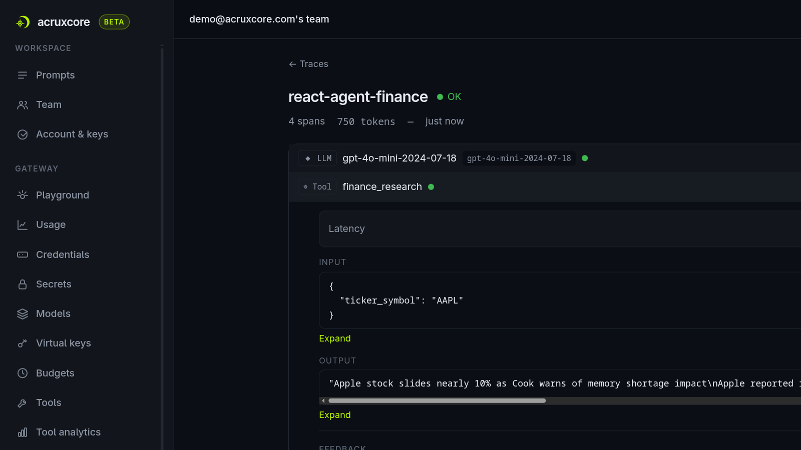 The expanded trace showing an LLM span, a finance_research tool span with input ticker_symbol AAPL and real news headlines as output, a get_todays_date span, and a second LLM span
