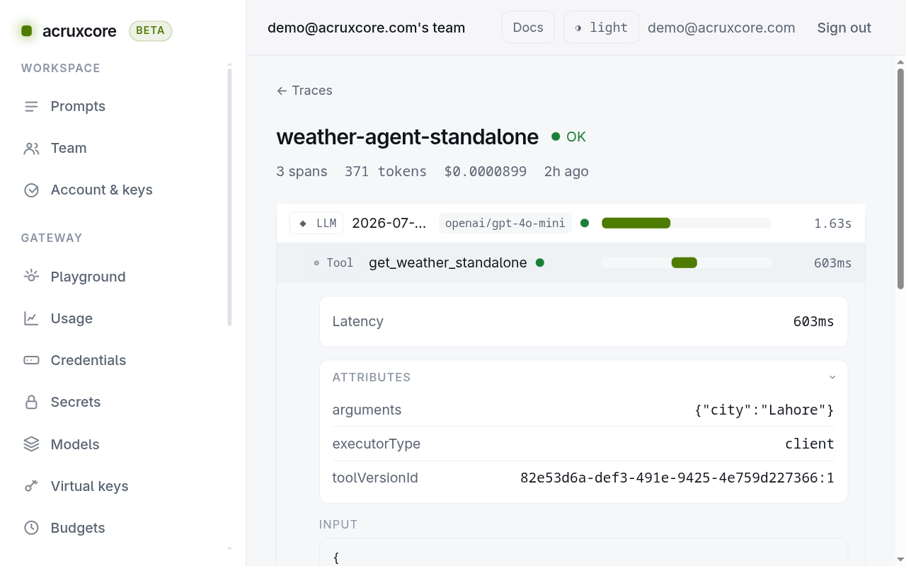 The tool span from the run, showing executorType client and the tool version id