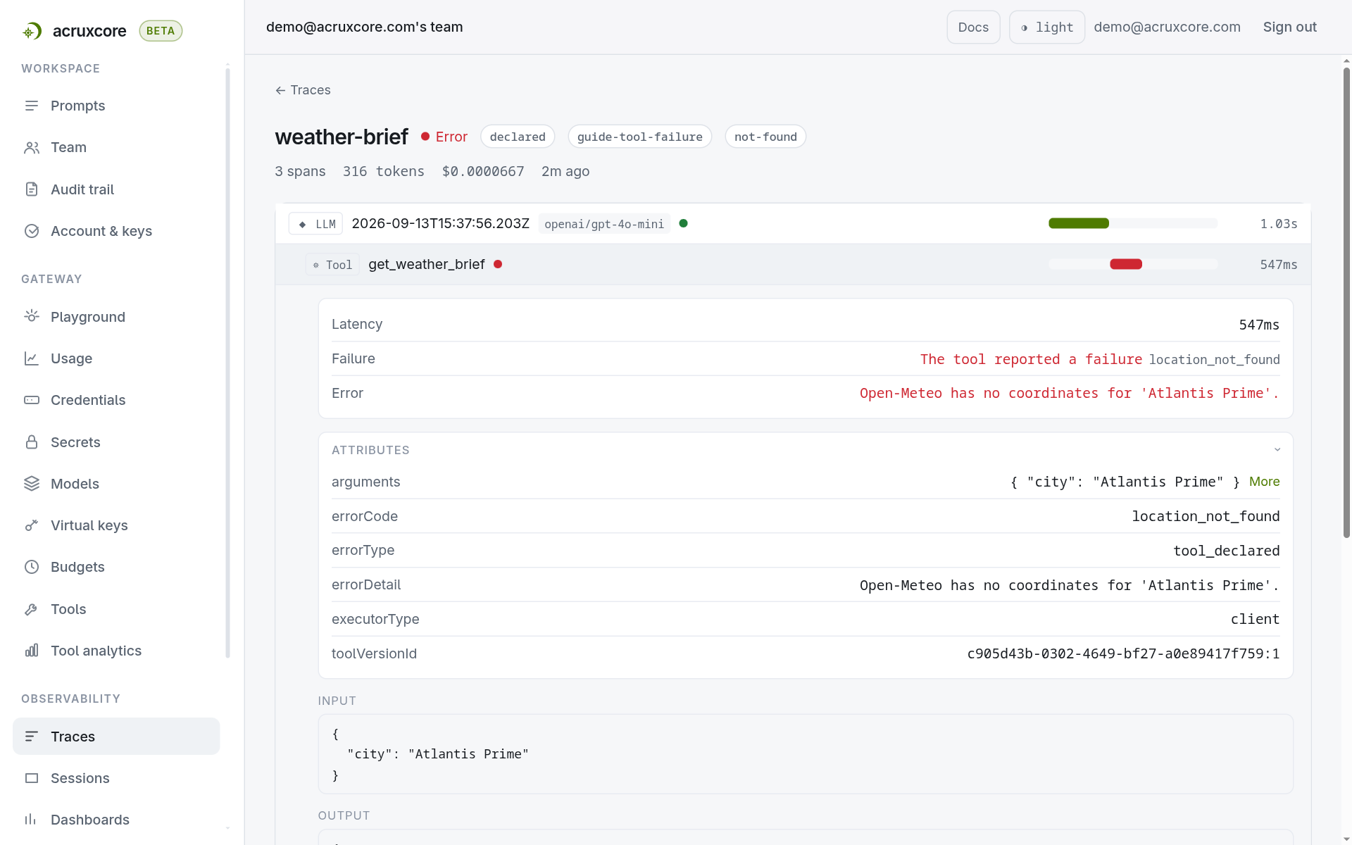 A trace detail view with a red Tool span for get_weather_brief. A Failure row reads 'The tool reported a failure location_not_found' and an Error row reads 'Open-Meteo has no coordinates for Atlantis Prime'. The attributes list shows errorCode location_not_found, errorType tool_declared and executorType client