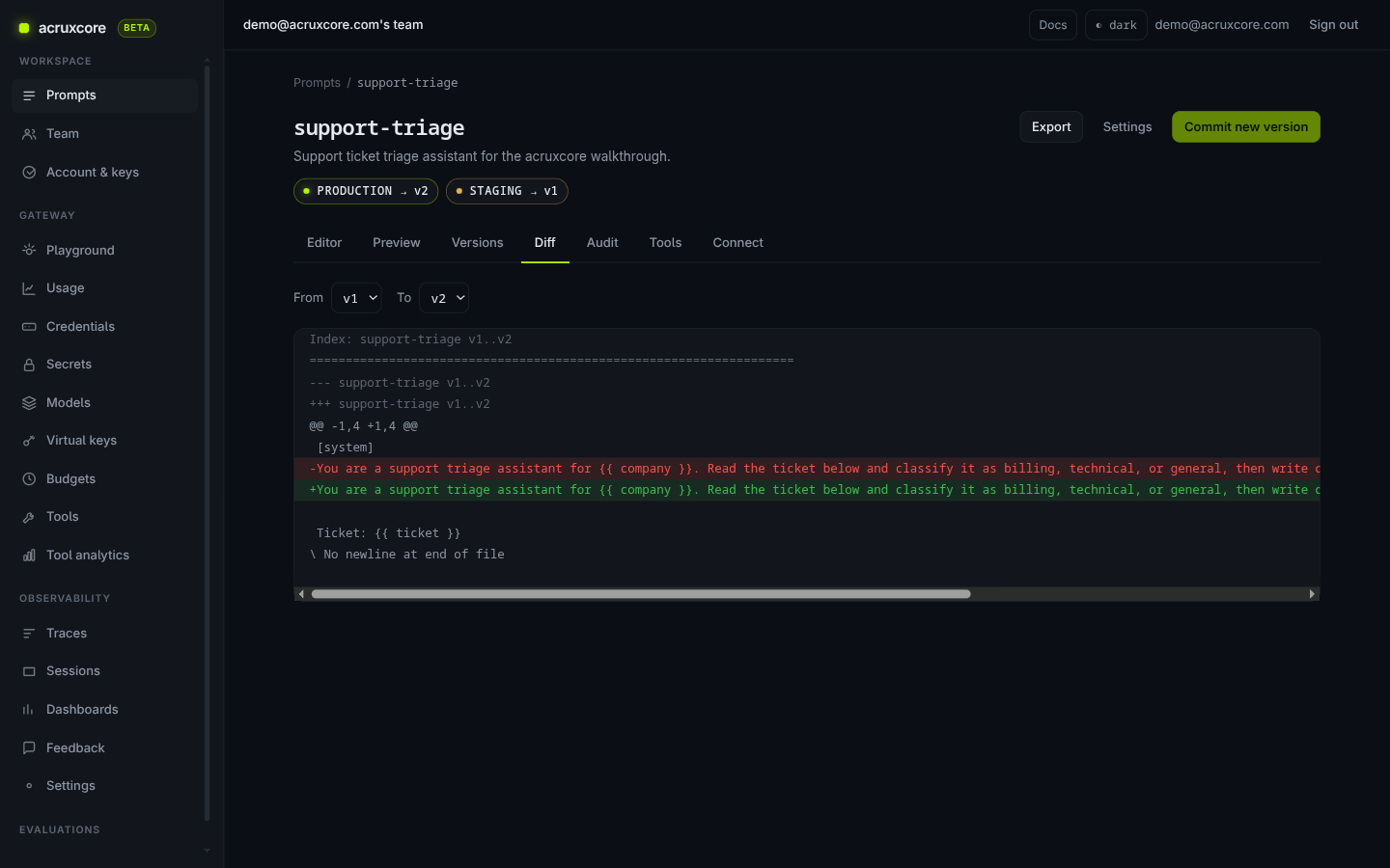 AcruxCore's Diff tab showing a line-level, colored diff between prompt version 1 and version 2