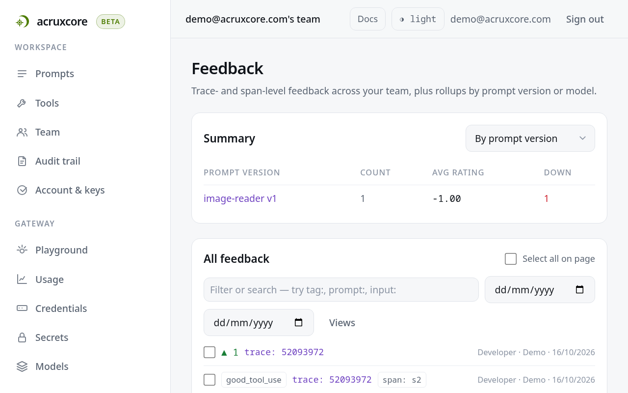 The Feedback page, with a summary by prompt version above the list of all feedback