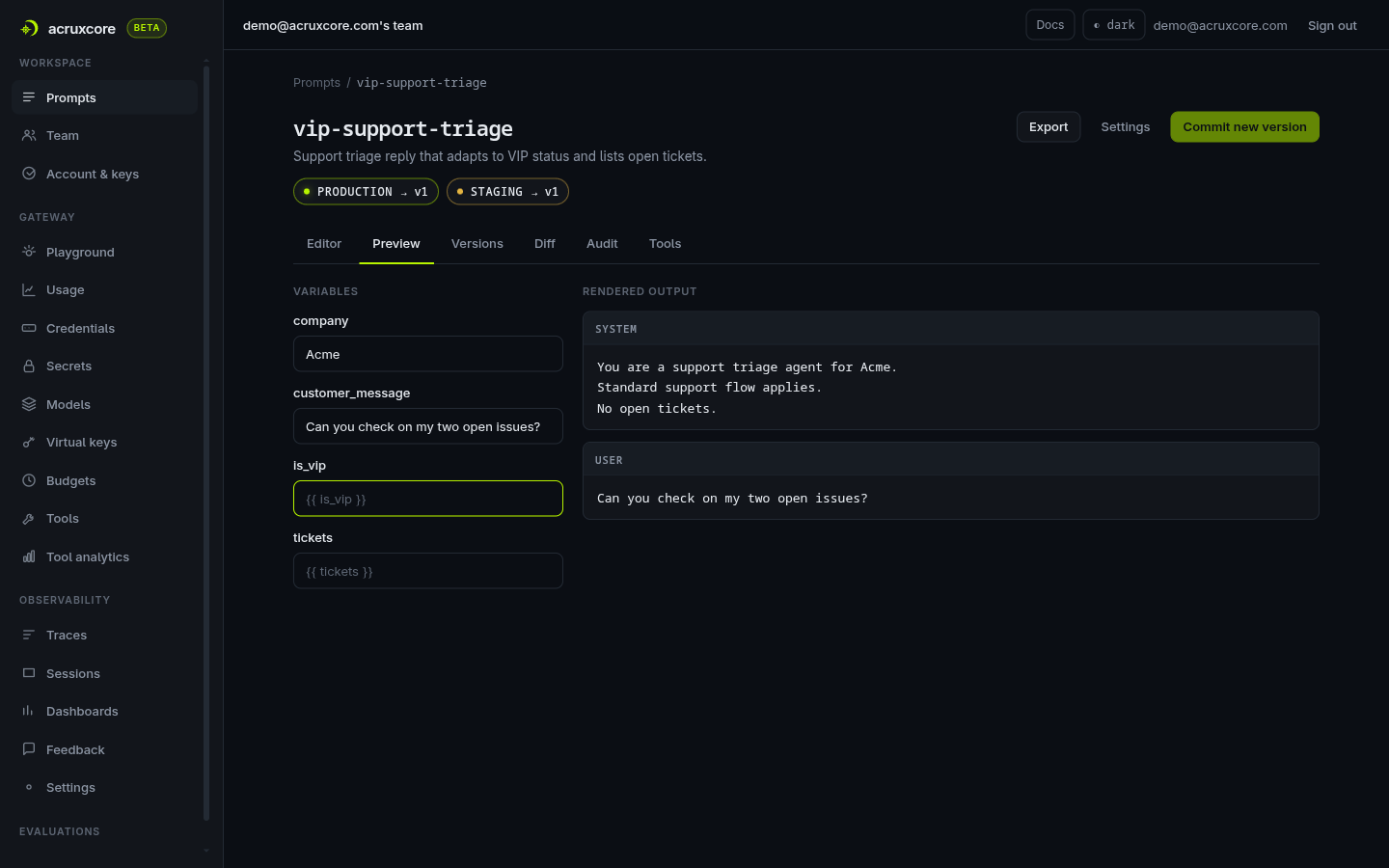Preview tab with is_vip cleared, showing the rendered output fall through to "Standard support flow applies."