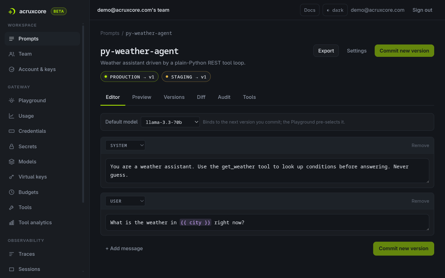 The py-weather-agent prompt Editor tab showing default model llama-3.3-70b, a system and user message, and production pointing at v1