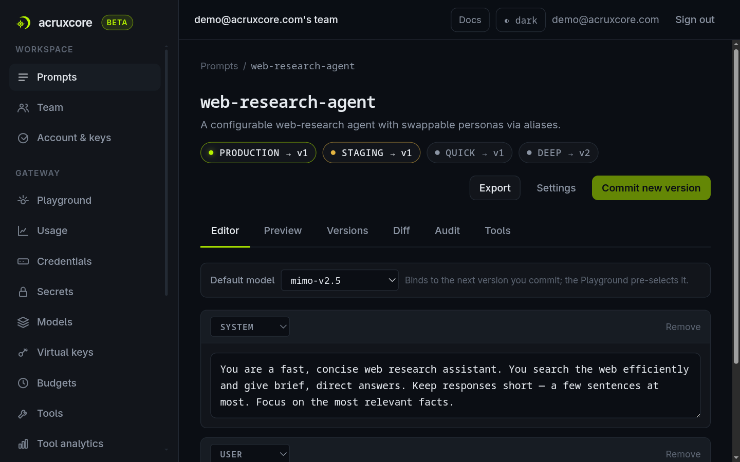 Editor tab with default model gemini-flash and a system message describing the fast, shallow-search persona