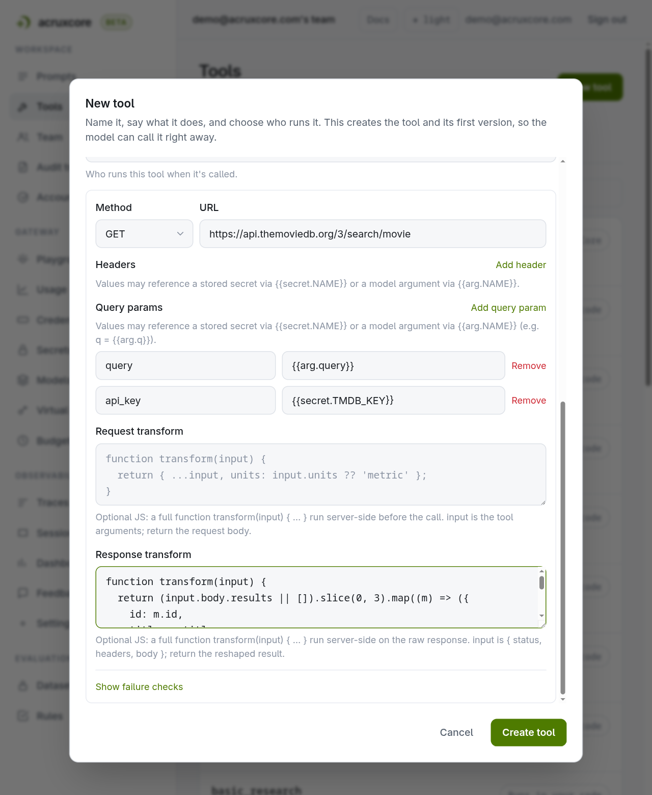 HTTP executor form showing the query and api_key query params and a response transform