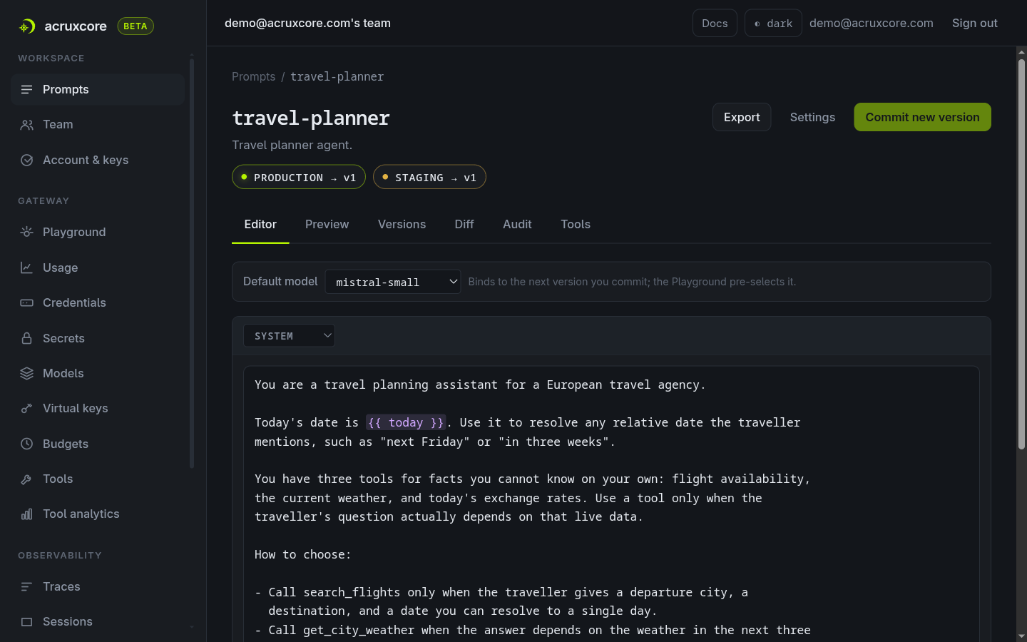 The travel planner prompt in the editor: one SYSTEM message with the today variable highlighted, default model mistral-small, production and staging both at v1