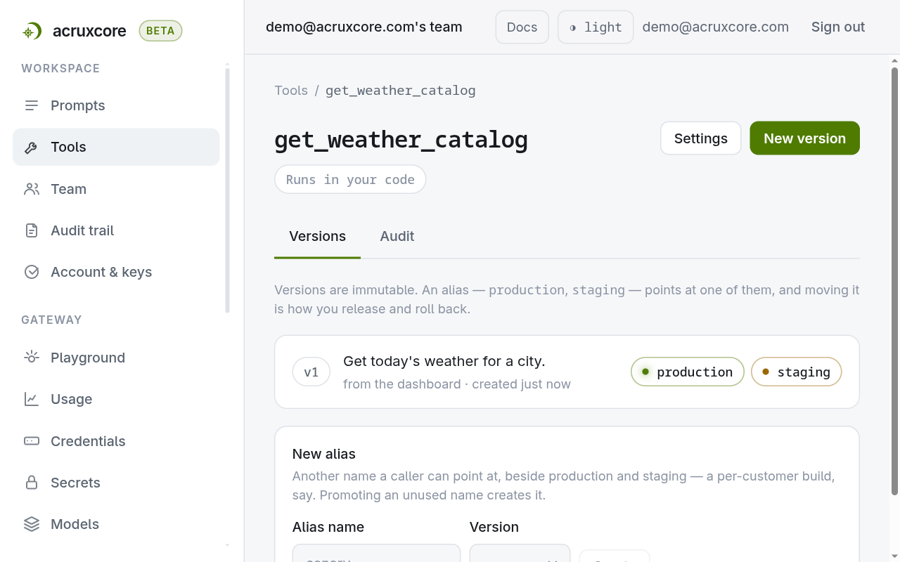 Tool detail page for get_weather_catalog with one version v1 tagged "dashboard" and no "Defined in code" badge