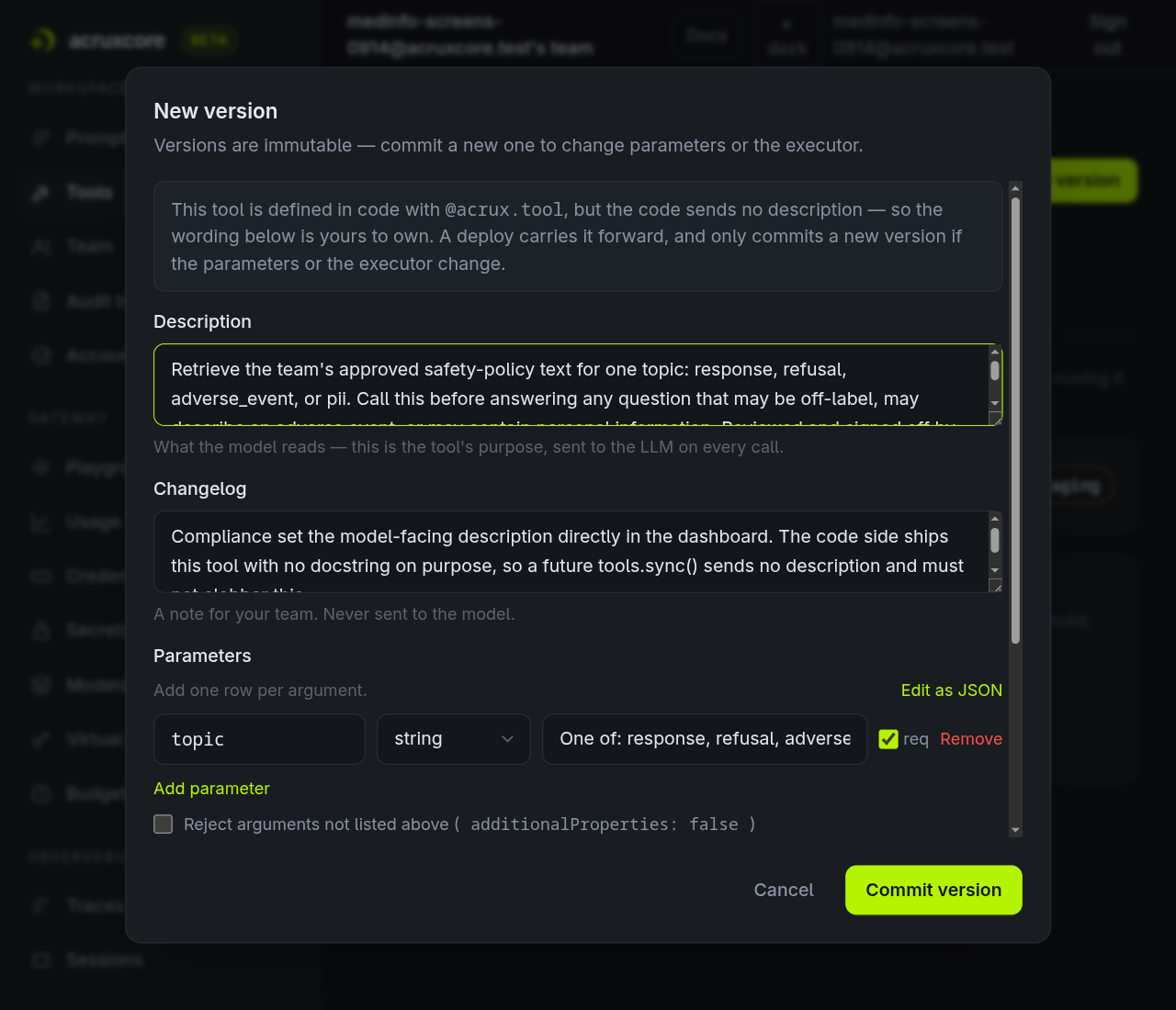 The "New version" dialog for check_safety_policy with a Description field filled with a compliance-approved policy-lookup description and a changelog note