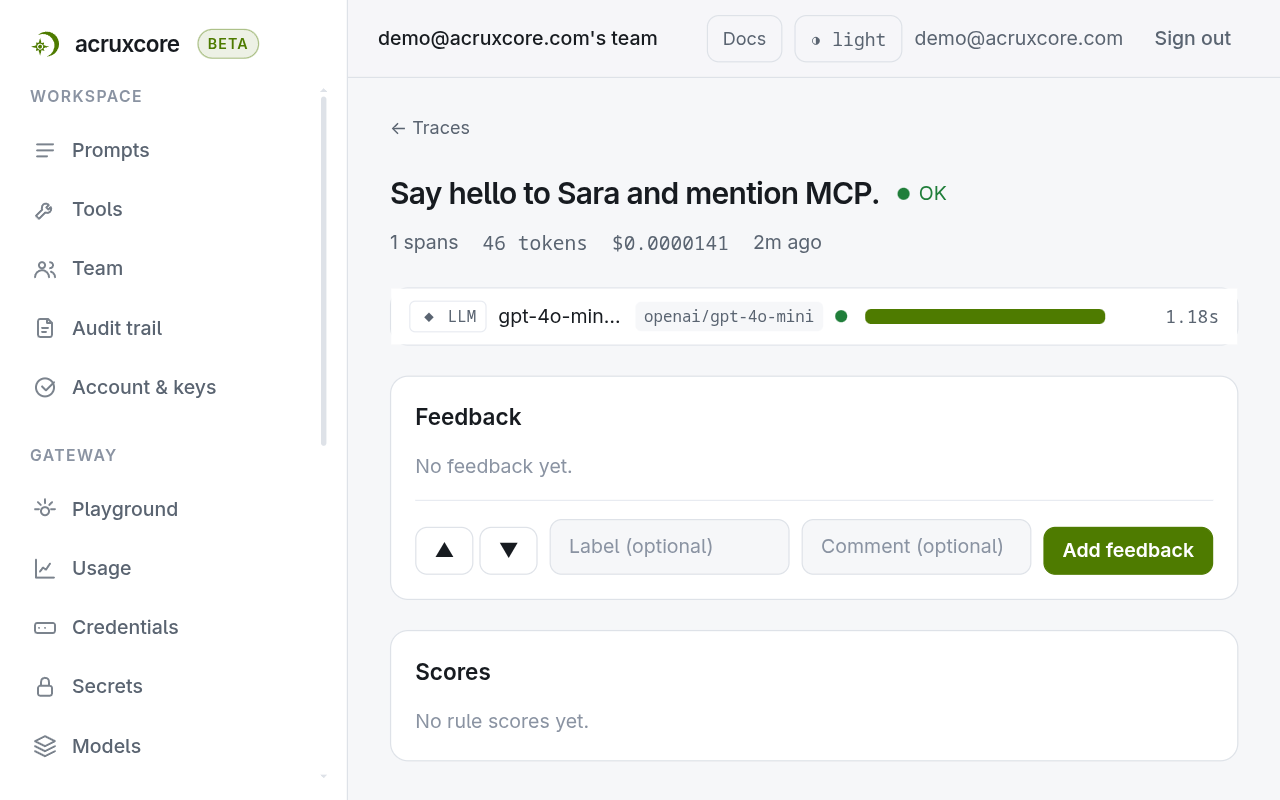 The trace "Say hello to Sara and mention MCP." with status OK, 1 span, 46 tokens and $0.0000141, and one LLM span on openai/gpt-4o-mini that took 1.18s