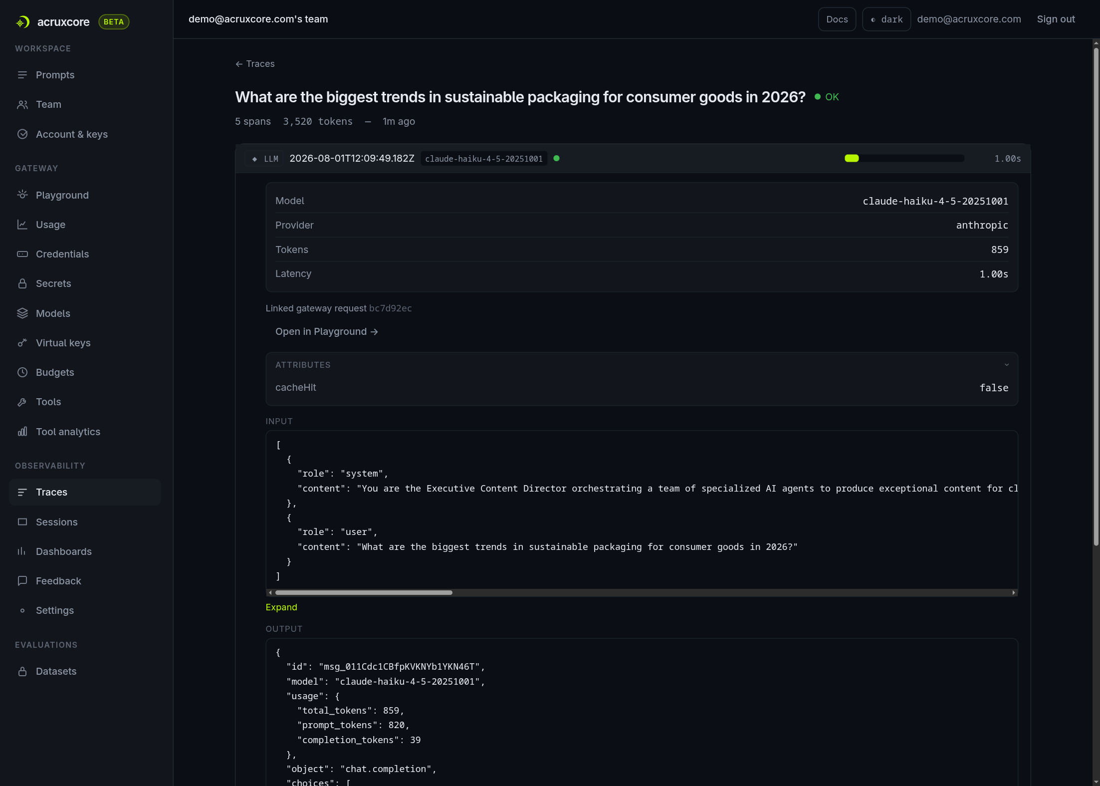 Expanded router LLM span showing the supervisor system prompt as input and a bare JSON object with route_to set to general_research_agent as output