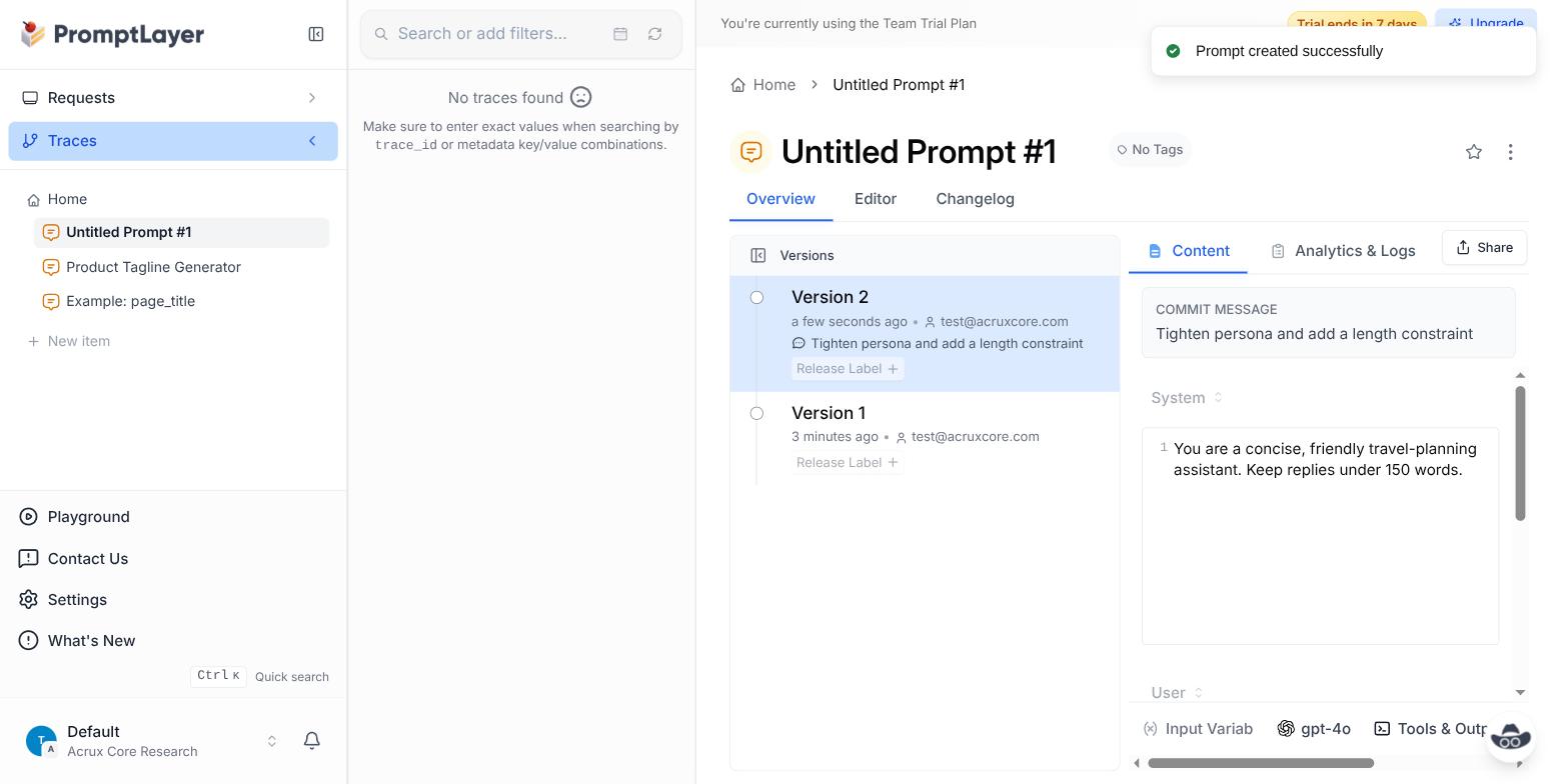PromptLayer version history panel showing versions with commit messages and a Release Label control