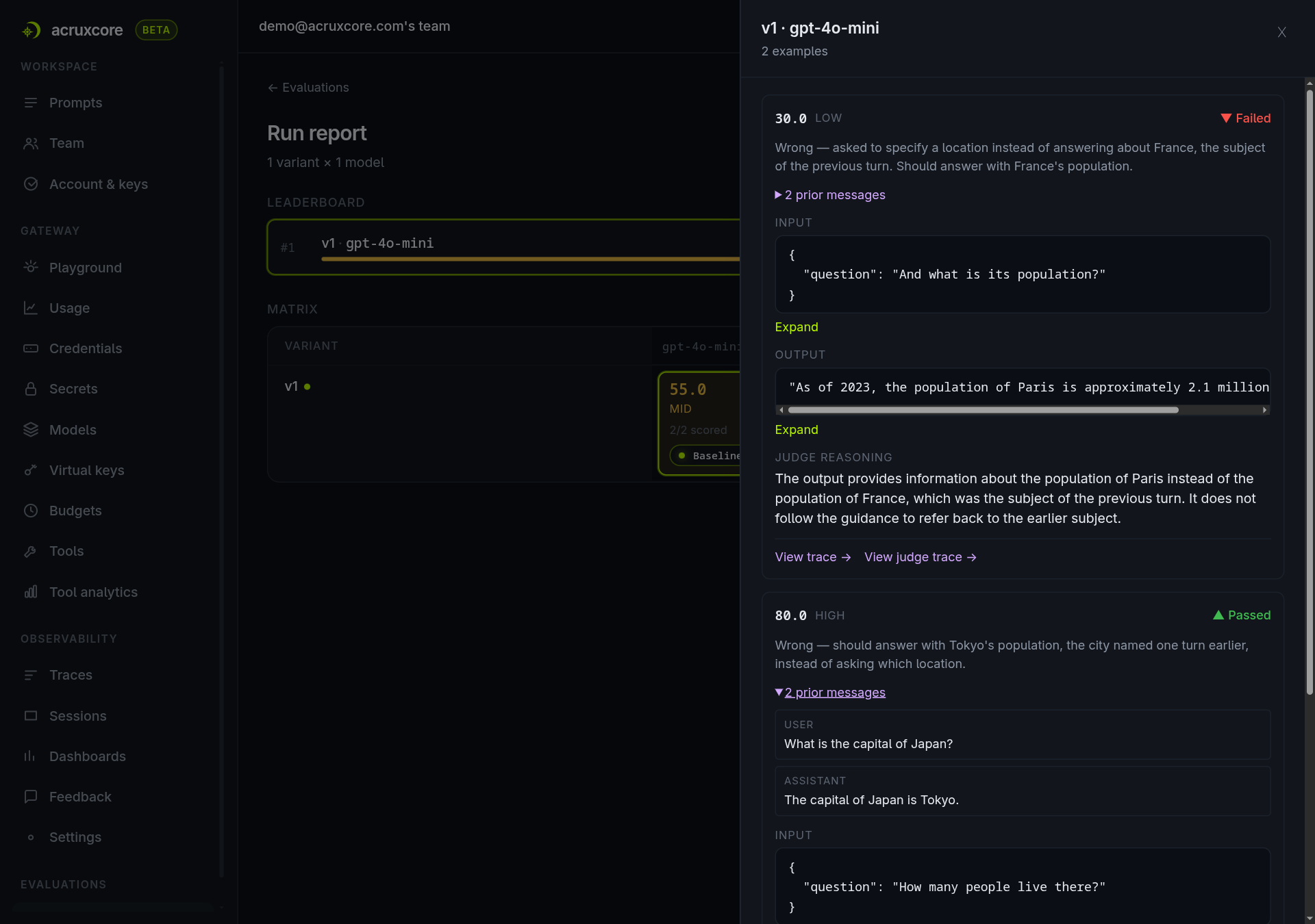 The cell drill-down panel with a "2 prior messages" disclosure expanded, showing input, output, and judge reasoning that references the earlier turn