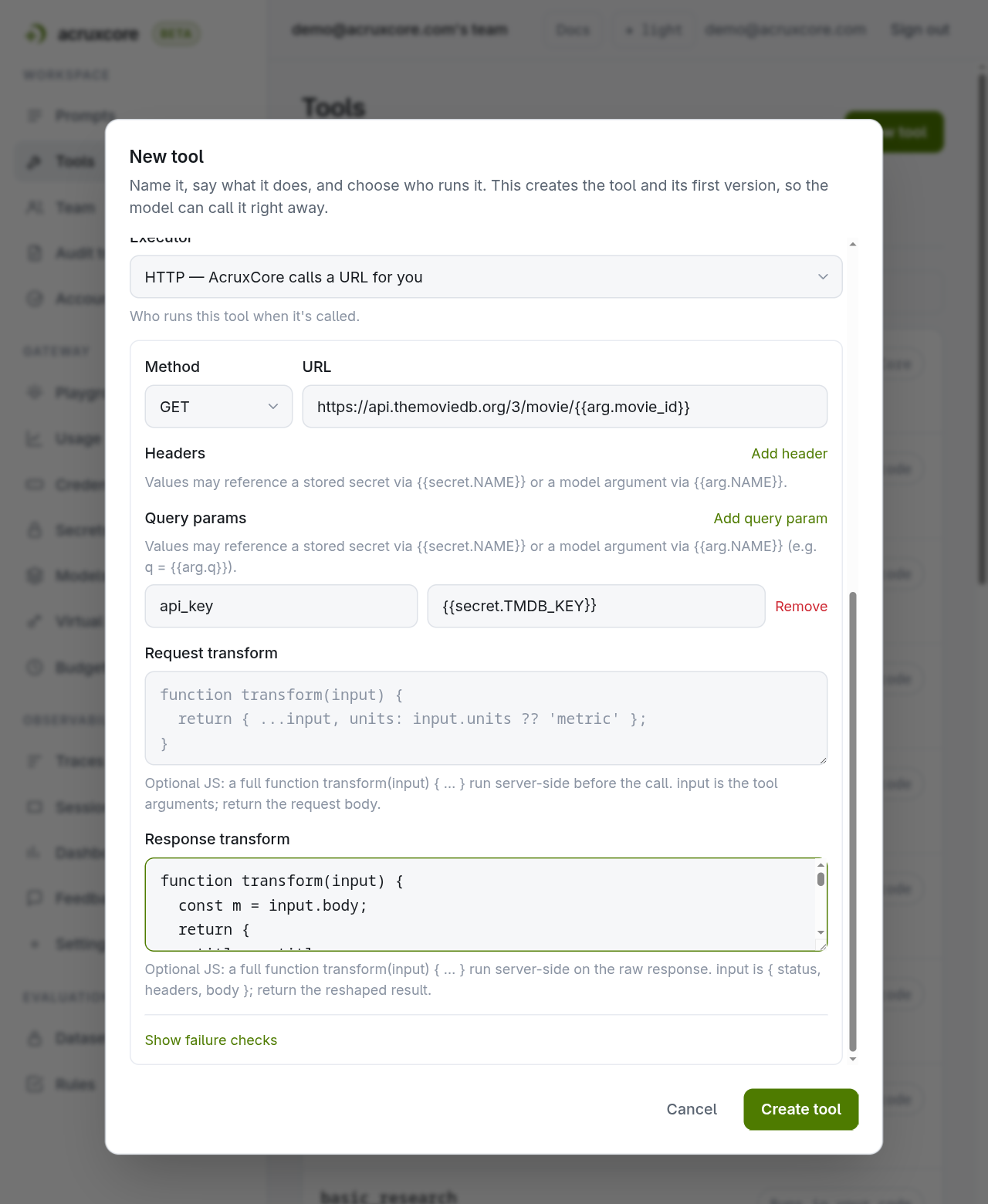 New tool form showing the movie_id integer parameter and the HTTP executor selected