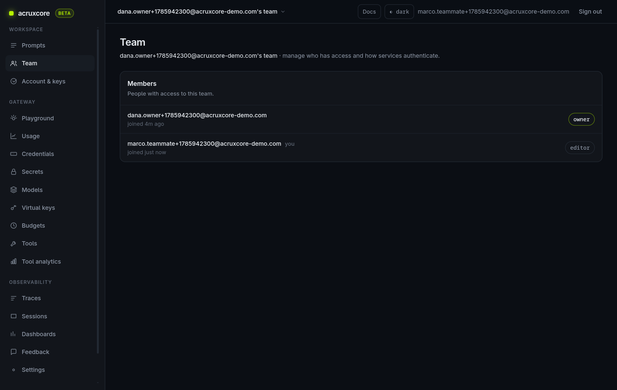Team page from the new teammate's perspective, now a member with the editor role