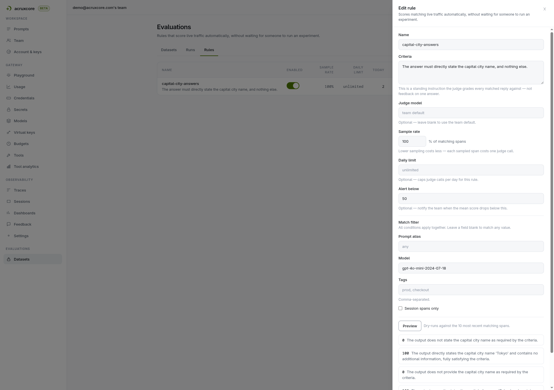 Preview results listing four judged spans with scores of 0 or 100 and their reasons