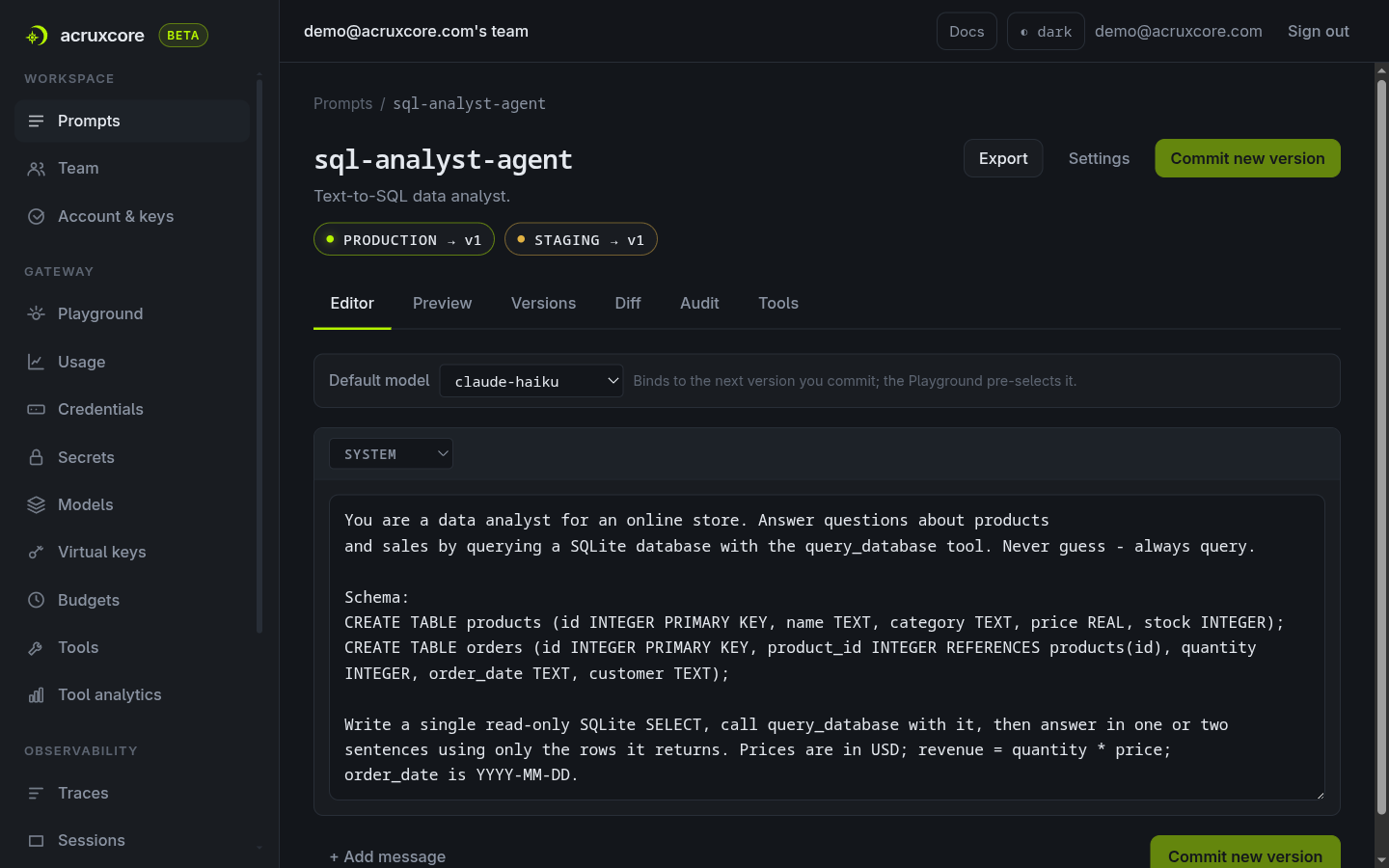 The sql-analyst-agent prompt Editor tab showing default model claude-haiku, a system message with the database schema, and production pointing at v1