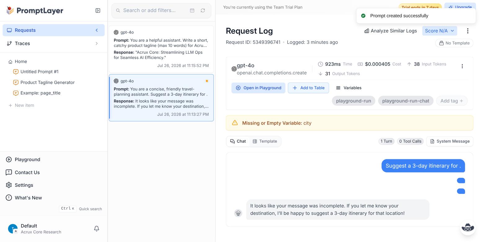 PromptLayer's Request Log detail view showing model, latency, cost, token counts, tags, and a single chat turn, with a "Missing or Empty Variable: city" warning