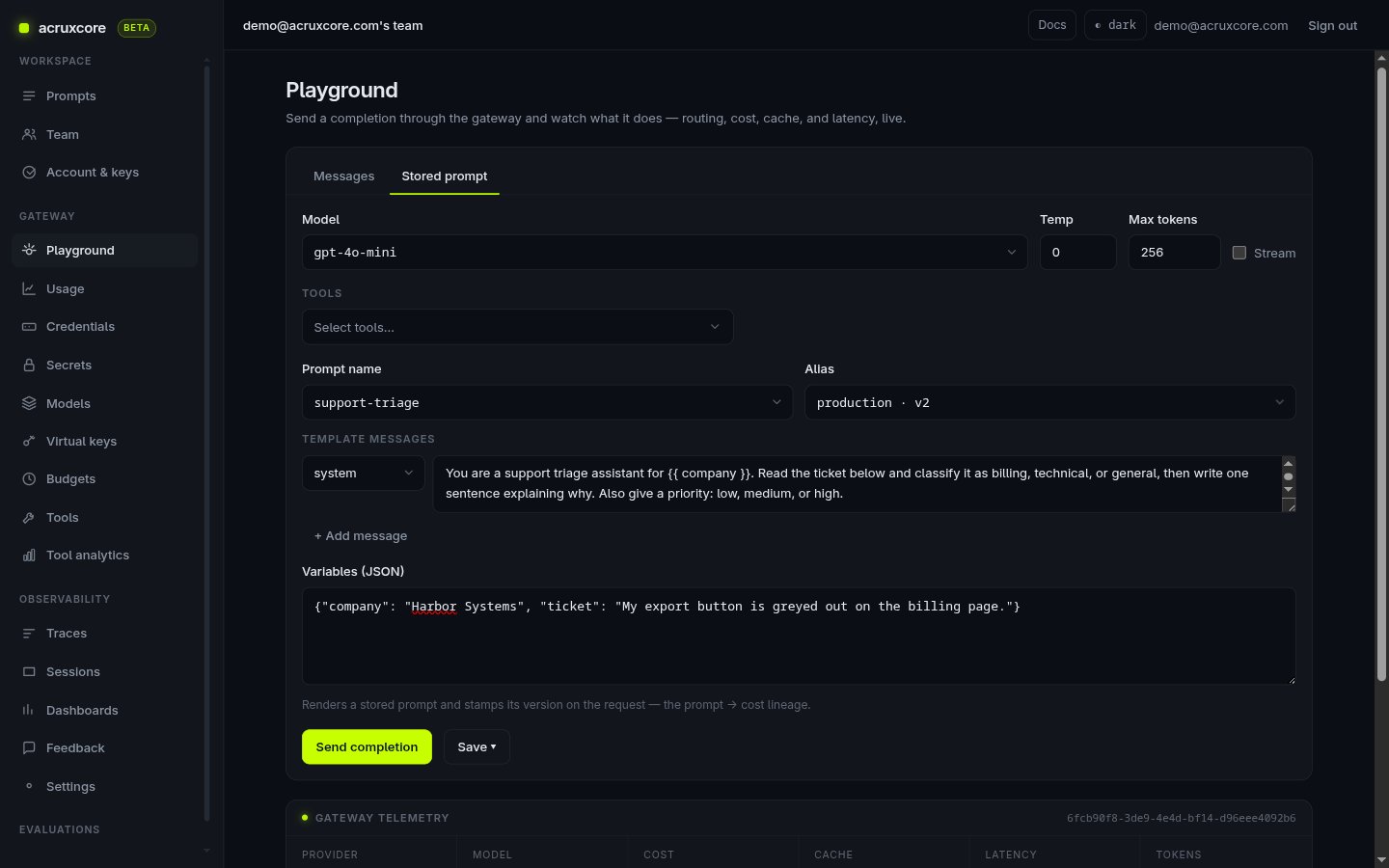 Playground's Stored prompt tab with support-triage selected, alias set to production, and the template messages auto-loaded