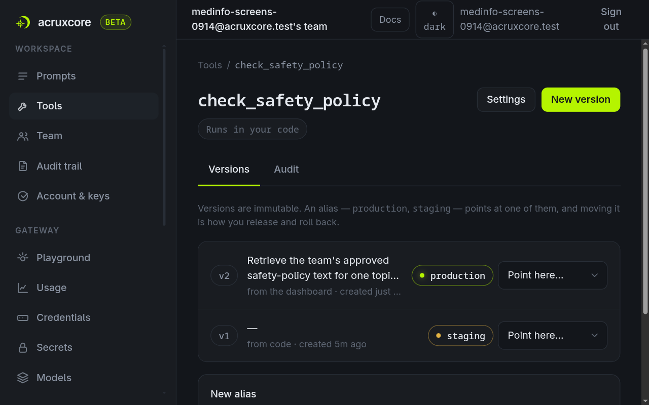 check_safety_policy's version list showing v1 (code, blank) and v2 (dashboard, the compliance description), v2 tagged dashboard
