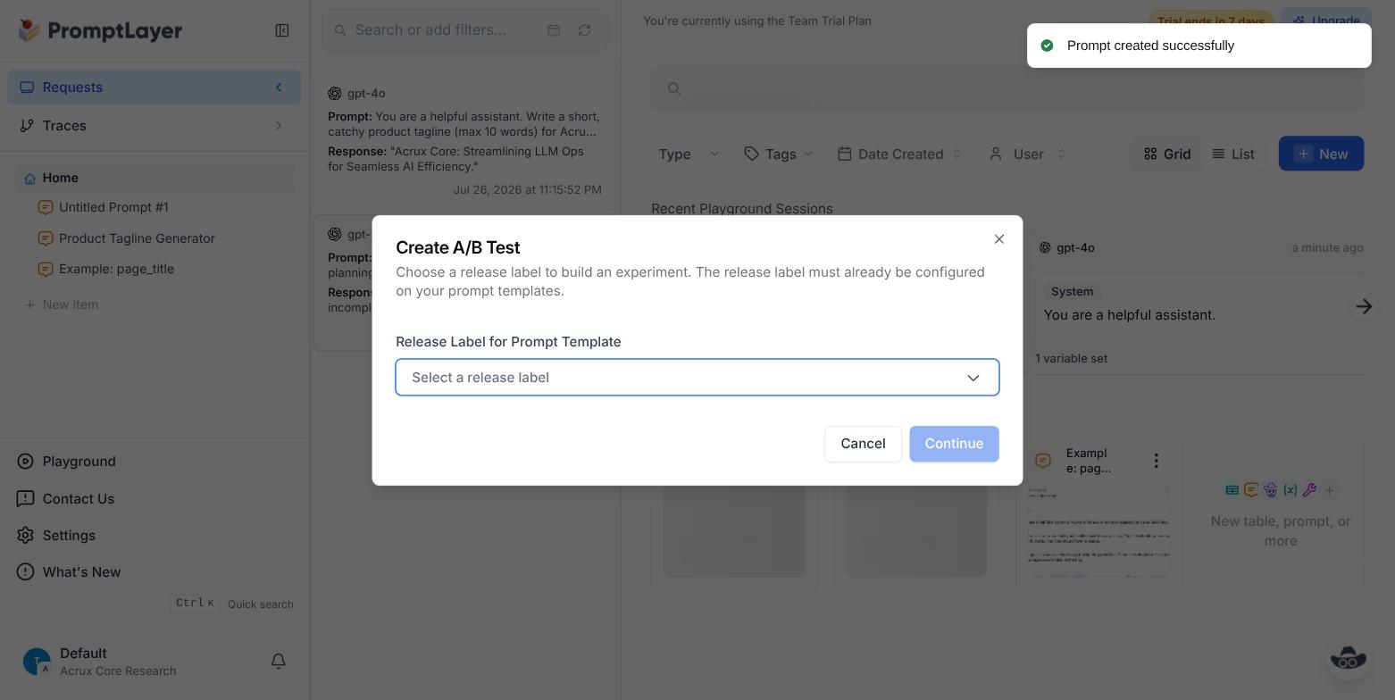 PromptLayer's "Create A/B Test" dialog, requiring a release label already configured on the prompt template