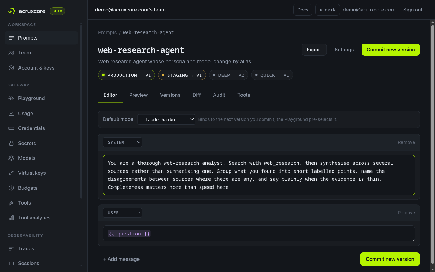 Editor tab now showing default model claude-haiku and a system message describing the thorough, deep-search persona