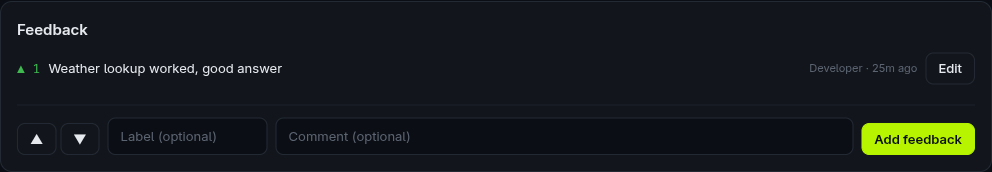 The Feedback panel on the get_weather trace, showing a thumbs-up entry with a comment