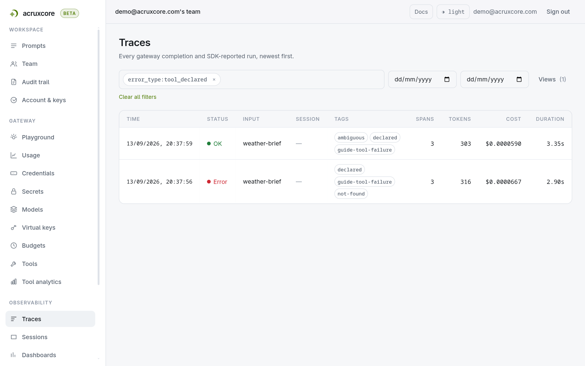 The Traces page with a single filter chip reading error_type, listing exactly two weather-brief traces — one OK, one Error — out of the six in the account