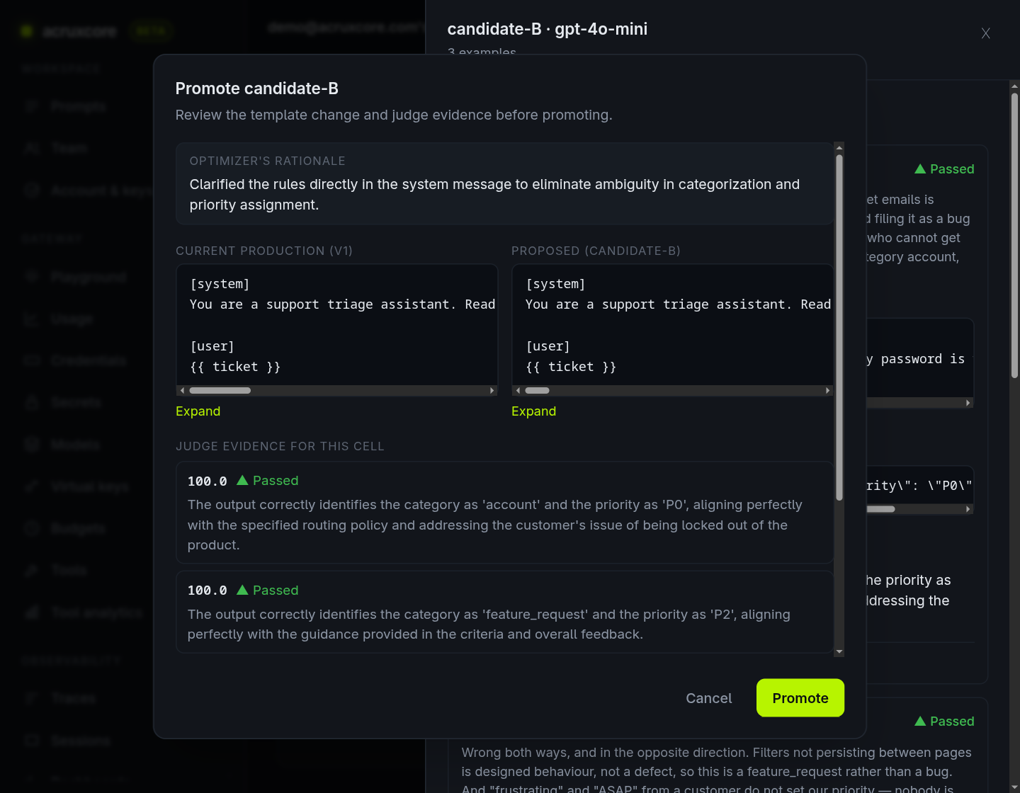 The promote dialog showing the rationale, current production template beside the candidate, and judge verdicts