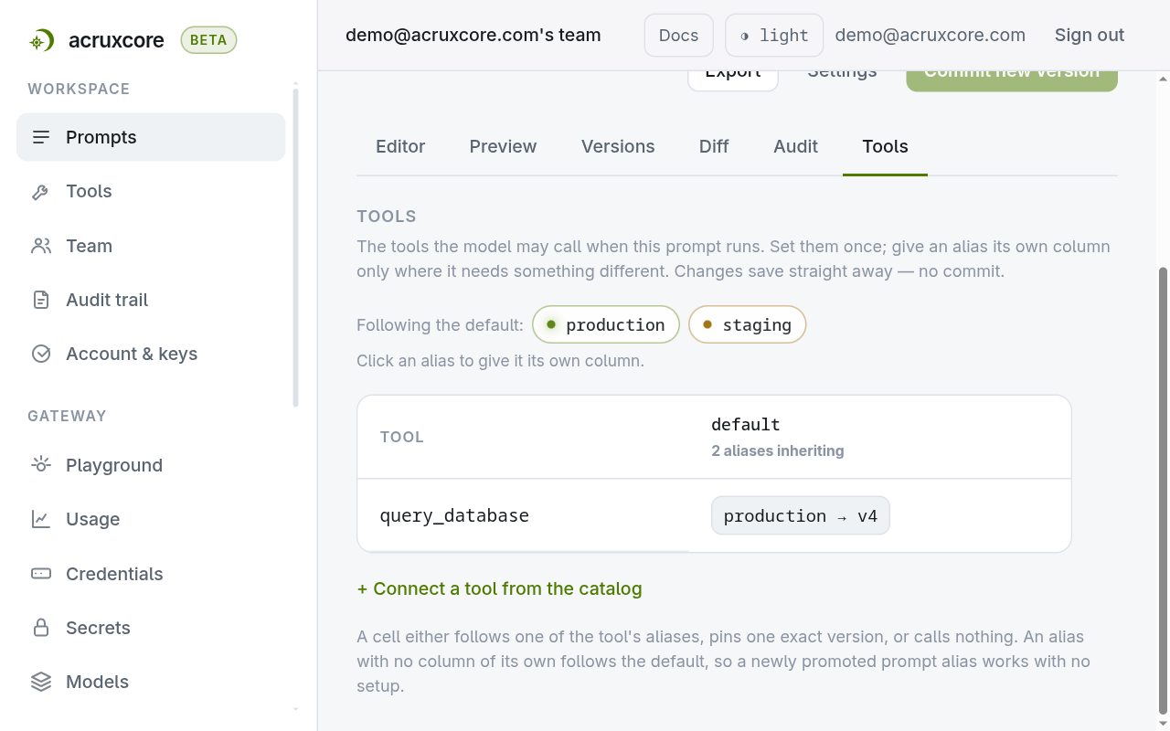 The prompt Tools tab showing query_database connected