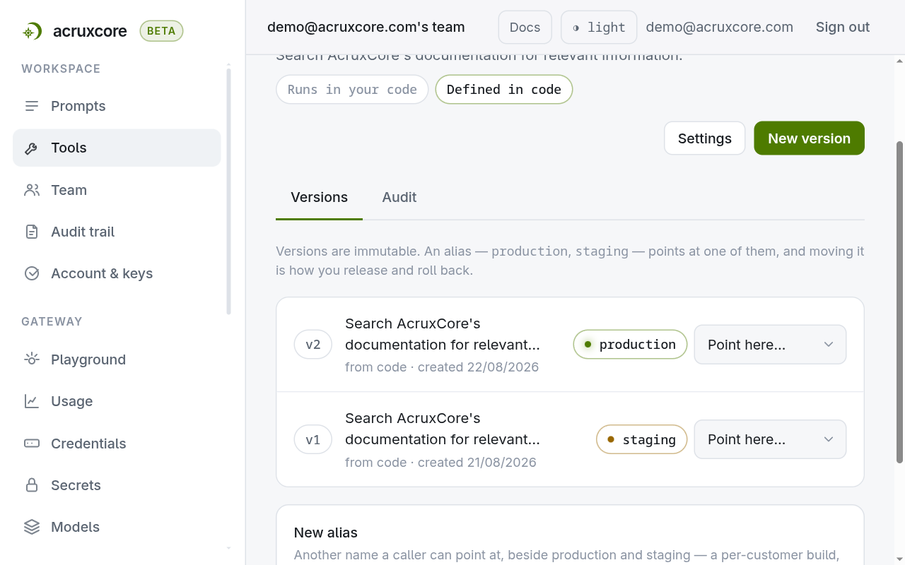 The search_docs tool page marked "Defined in code", with v2 carrying the production chip and v1 the staging chip, both versions tagged as coming from code