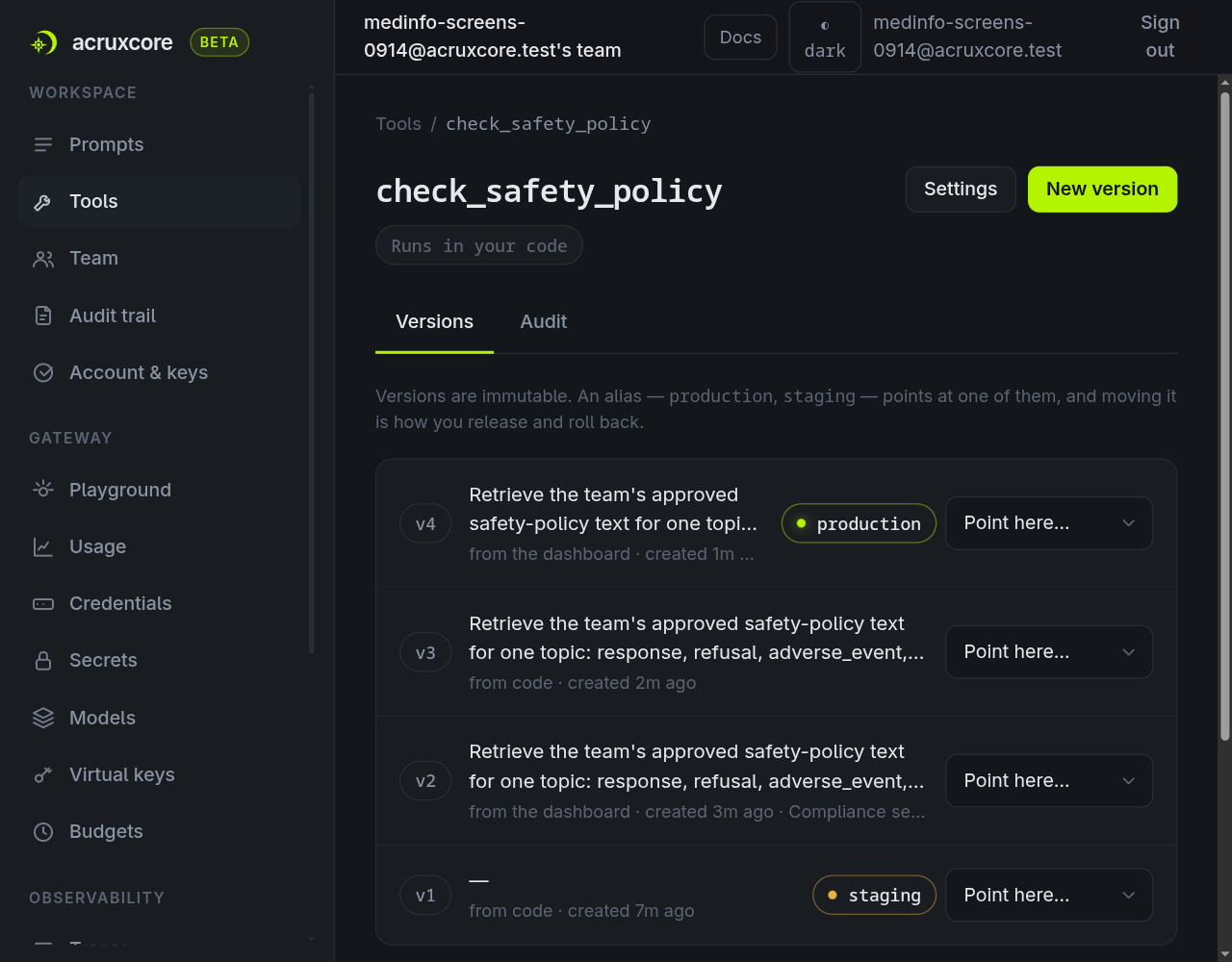 check_safety_policy's version list after two syncs: v4 (dashboard) still holds the compliance description and stayed live, with v1-v3 in history below it