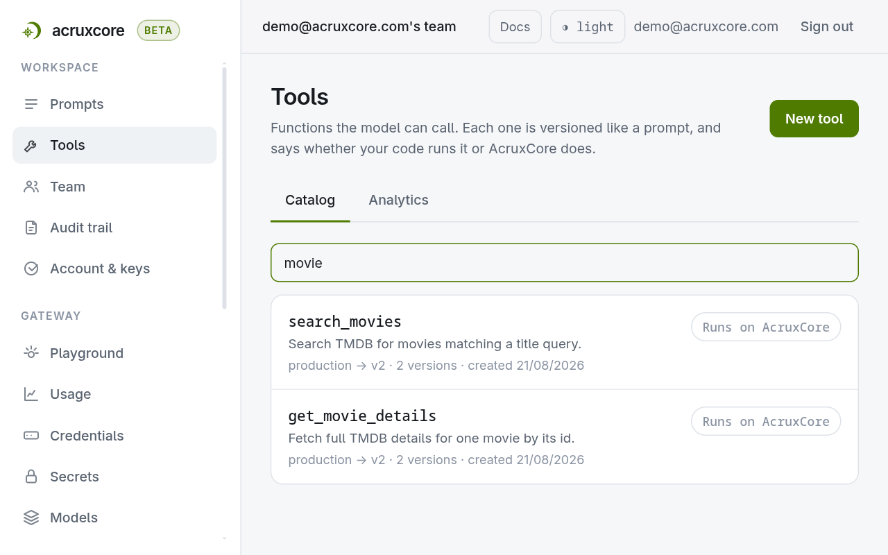 Tools list filtered to movie, showing search_movies and get_movie_details each marked Runs on AcruxCore