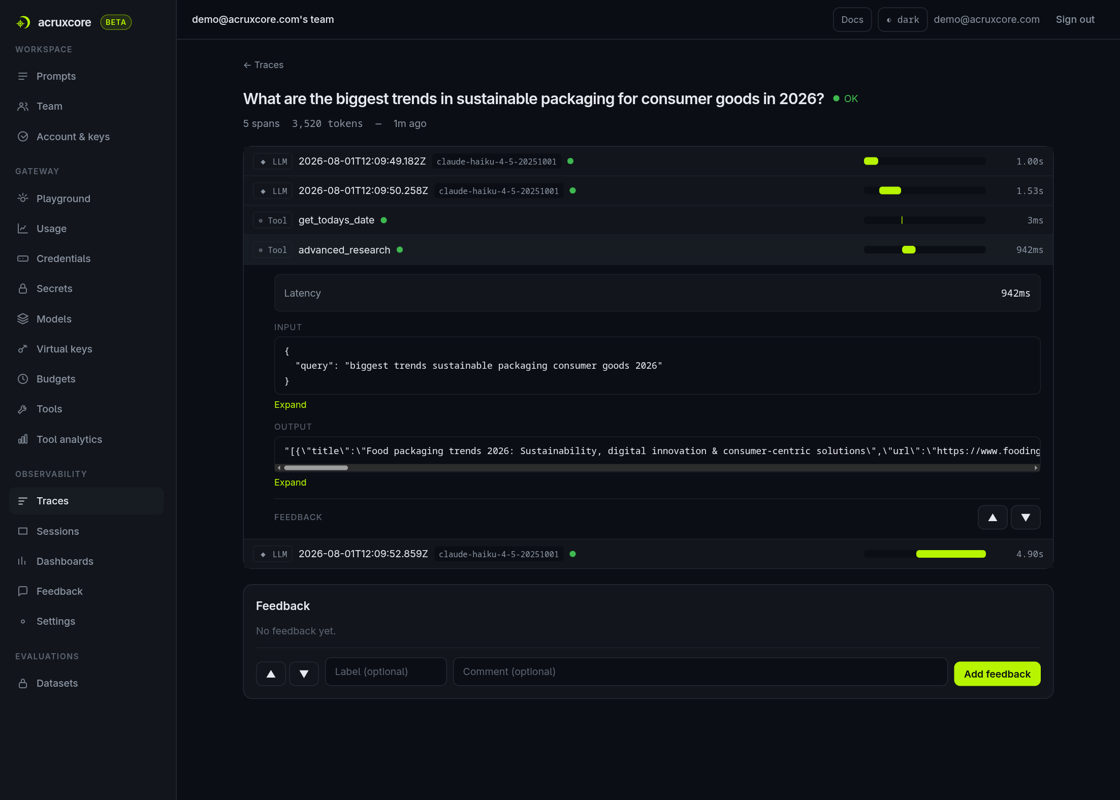 Expanded advanced_research tool span showing the real search query and real Tavily result titles/URLs as output
