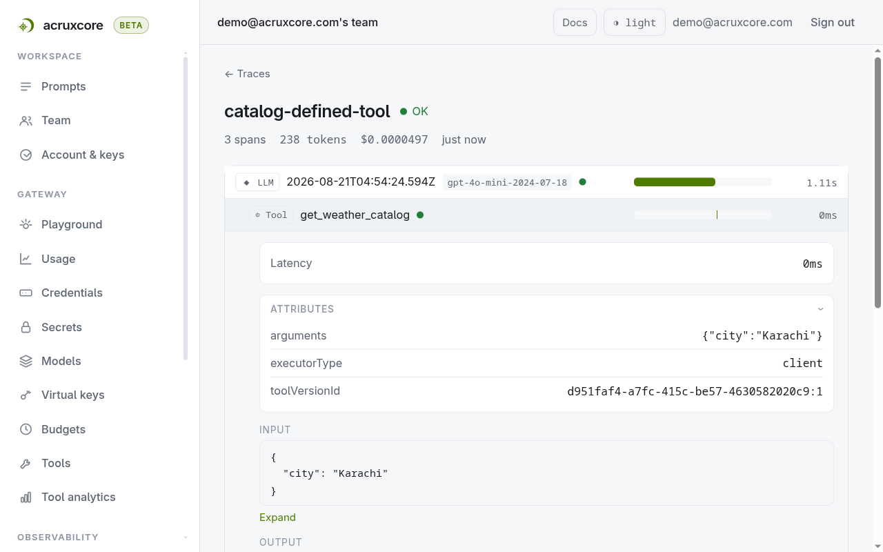 Trace detail for catalog-defined-tool, with the tool span expanded showing three attributes — the city argument, executorType client, and a toolVersionId ending in colon one