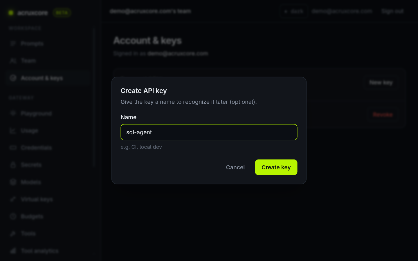Create API key dialog with the name sql-agent
