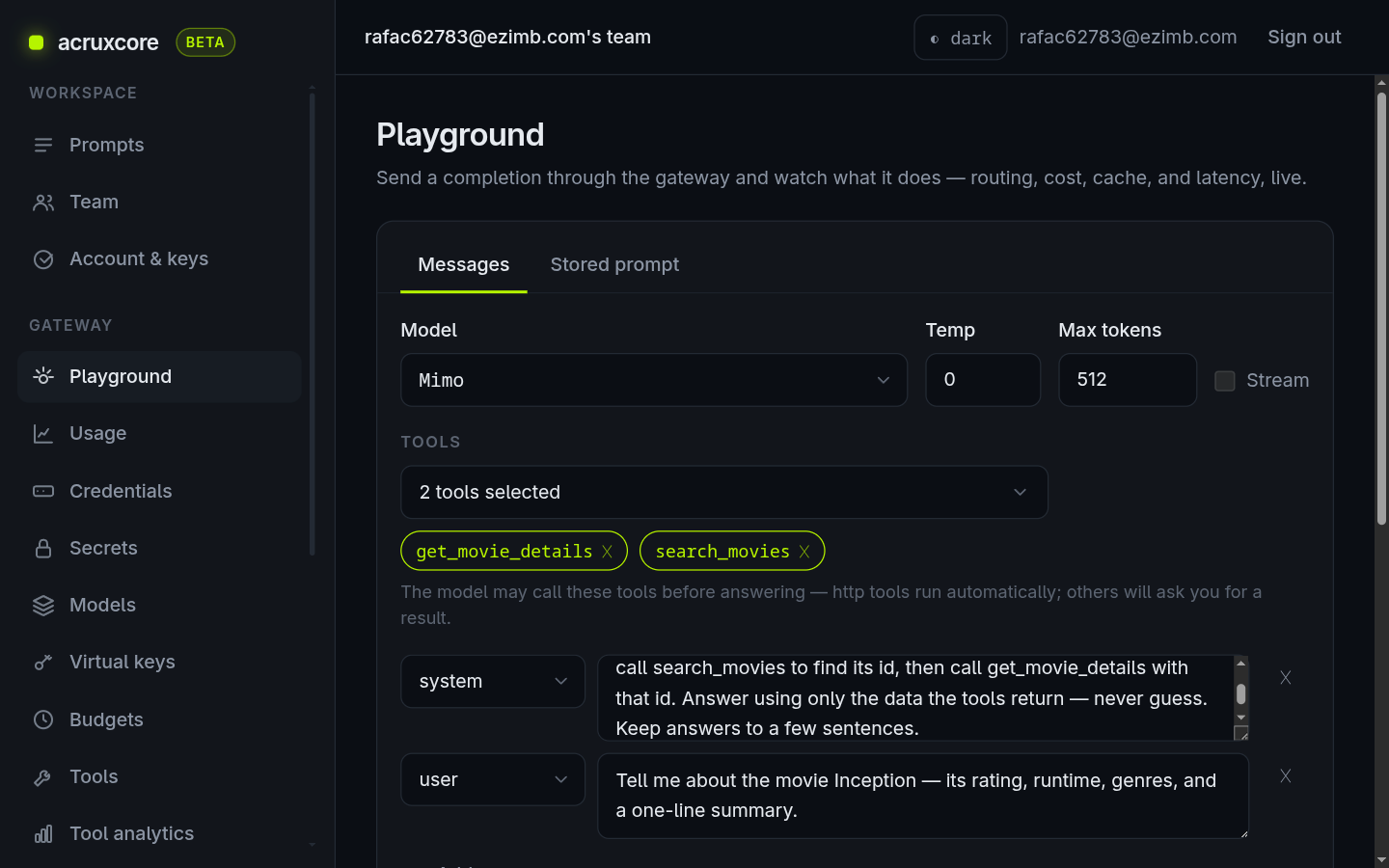 Playground with a model selected, two tools attached, and the system and user messages filled in