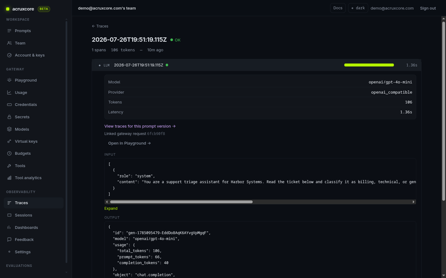 Expanded LLM span detail showing Model (openai/gpt-4o-mini), Provider (openai_compatible), token counts, and the real request/response JSON
