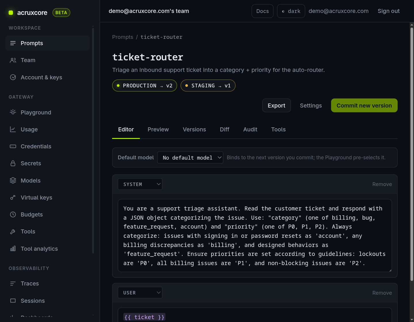 The prompt page showing production on the new version and staging still on the old one