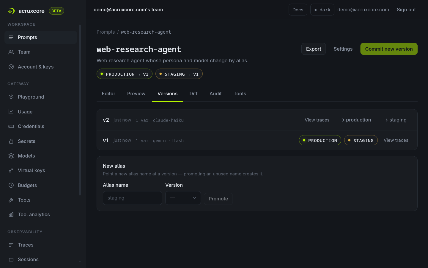 Versions tab listing v2 on claude-haiku and v1 on gemini-flash, with production and staging both still on v1